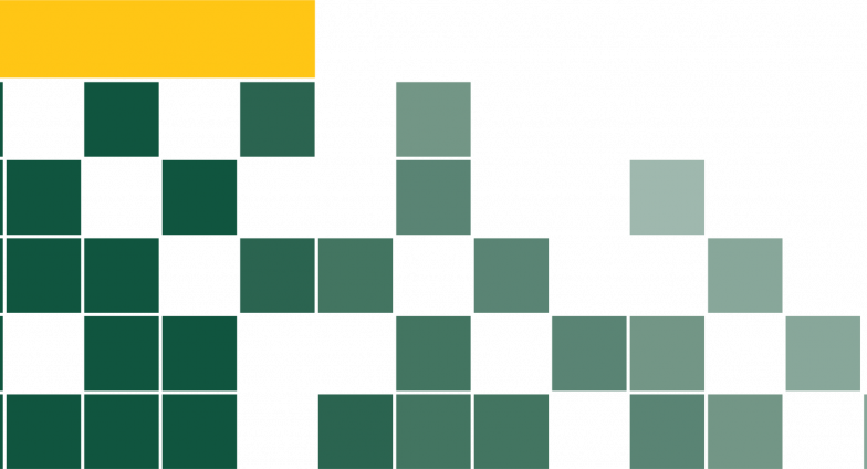 A graphic with several dark green blocks interspersed with light gray blocks. A narrow, gold rectangle tops the right side of the image.